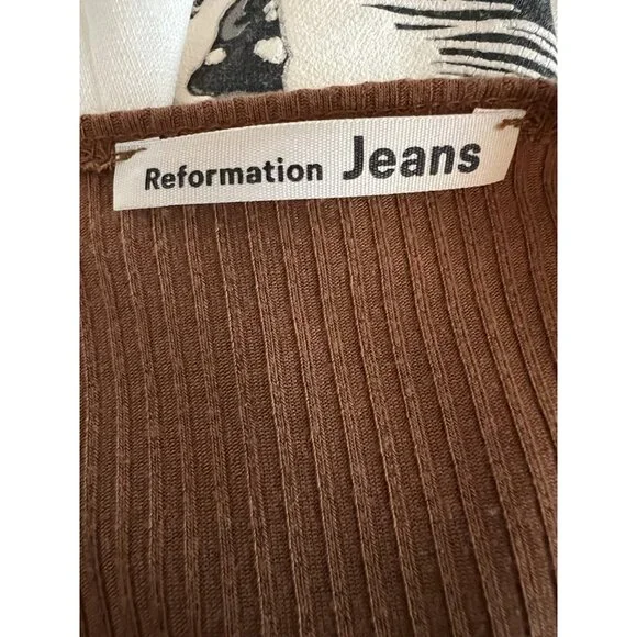 Reformation Jeans brown scoop neck puff sleeve ribbed long slv tshirt XL stretch - Picture 3 of 8